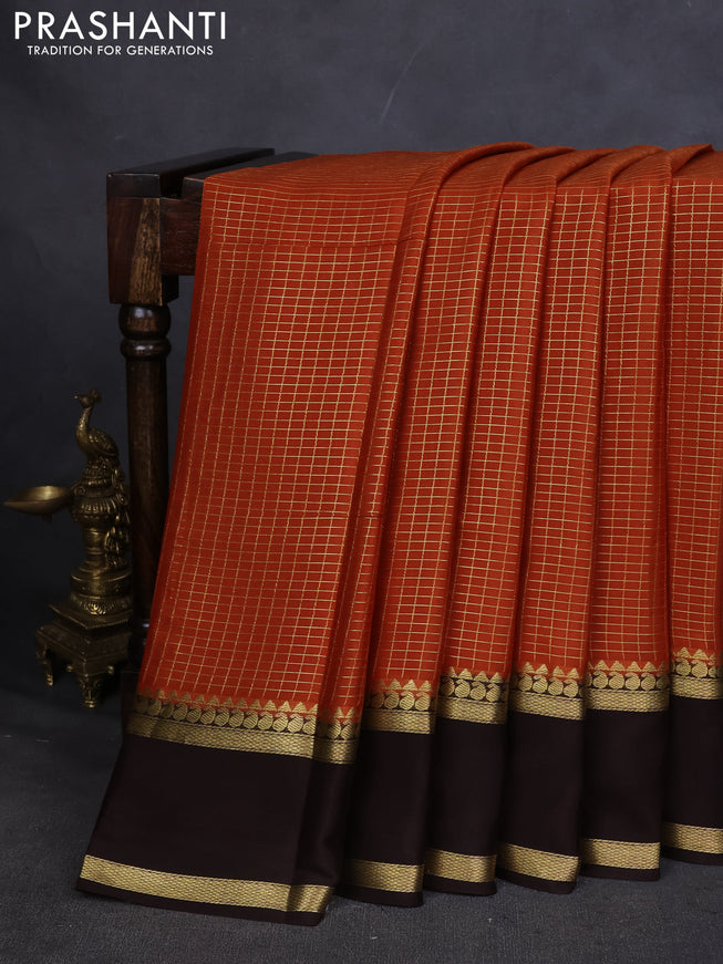 Pure mysore silk saree rustic orange and coffee brown with allover zari checked pattern and rettapet zari woven border