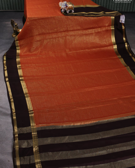Pure mysore silk saree rustic orange and coffee brown with allover zari checked pattern and rettapet zari woven border