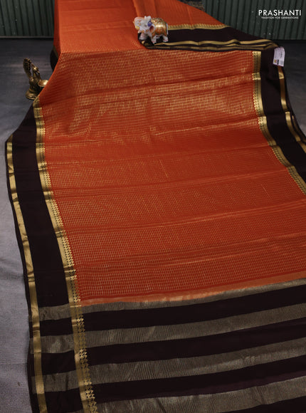 Pure mysore silk saree rustic orange and coffee brown with allover zari checked pattern and rettapet zari woven border
