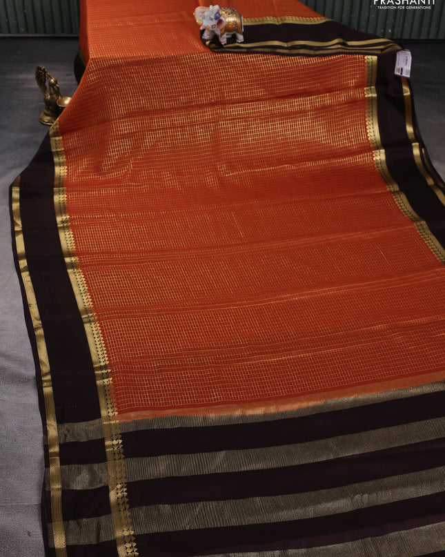 Pure mysore silk saree rustic orange and coffee brown with allover zari checked pattern and rettapet zari woven border