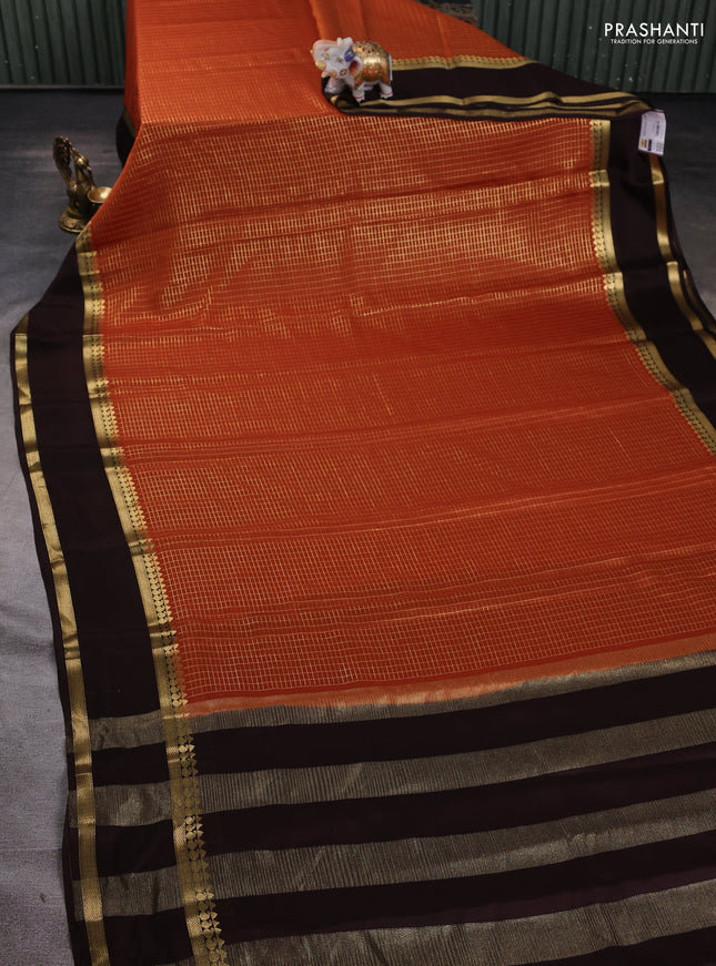 Pure mysore silk saree rustic orange and coffee brown with allover zari checked pattern and rettapet zari woven border