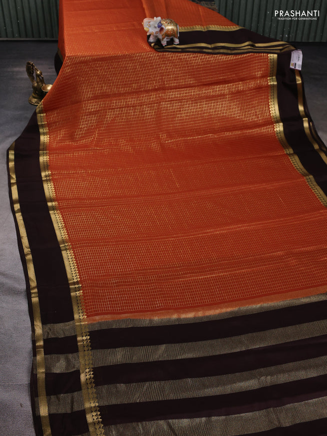 Pure mysore silk saree rustic orange and coffee brown with allover zari checked pattern and rettapet zari woven border