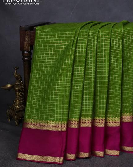 Pure mysore silk saree mehendi green and pink with allover zari checked pattern and rettapet zari woven border