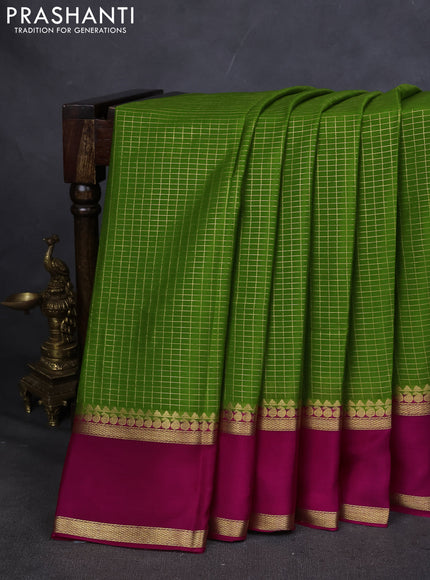 Pure mysore silk saree mehendi green and pink with allover zari checked pattern and rettapet zari woven border