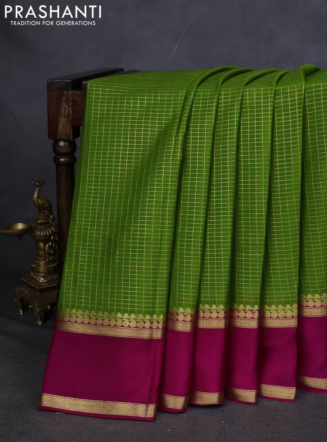 Pure mysore silk saree mehendi green and pink with allover zari checked pattern and rettapet zari woven border