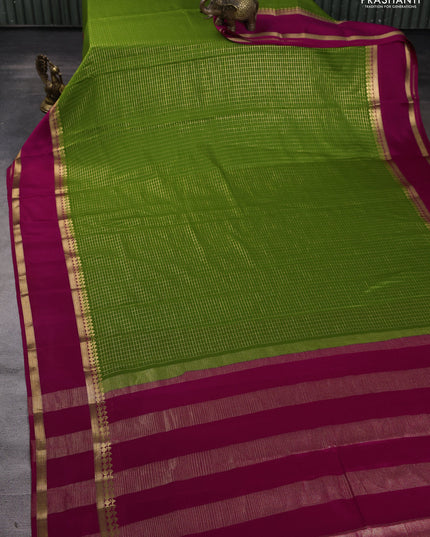 Pure mysore silk saree mehendi green and pink with allover zari checked pattern and rettapet zari woven border