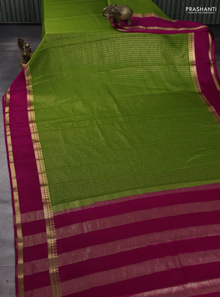 Pure mysore silk saree mehendi green and pink with allover zari checked pattern and rettapet zari woven border
