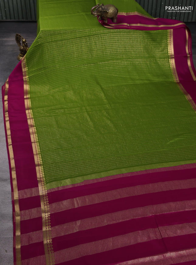 Pure mysore silk saree mehendi green and pink with allover zari checked pattern and rettapet zari woven border