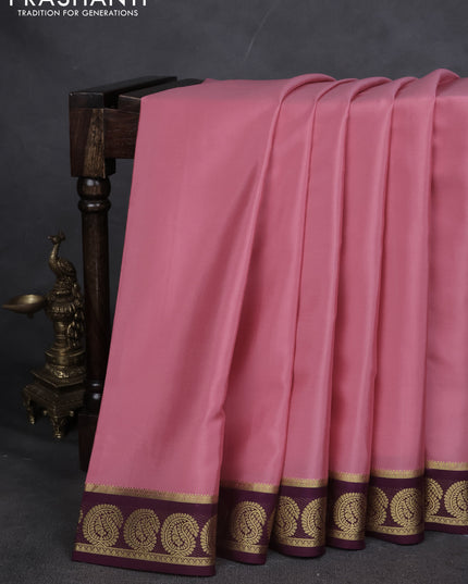 Pure mysore silk saree peach pink and deep purple with plain body and annam zari woven border