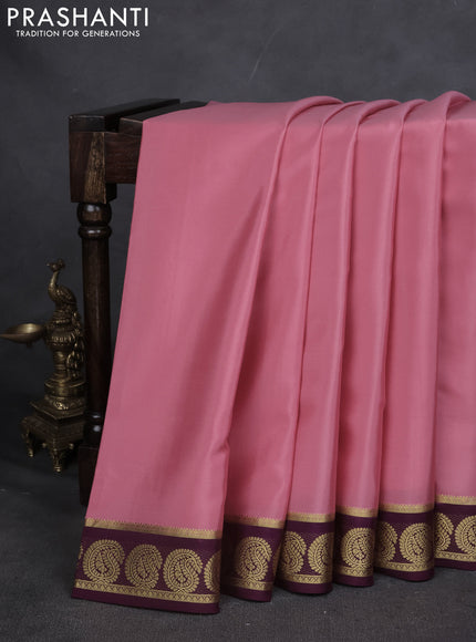 Pure mysore silk saree peach pink and deep purple with plain body and annam zari woven border