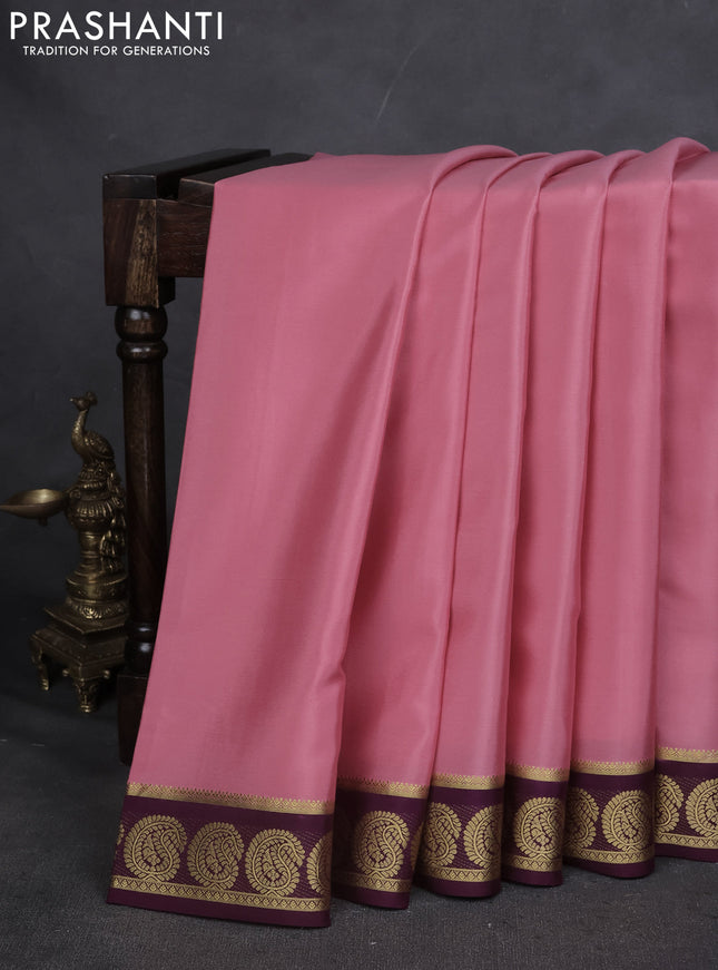 Pure mysore silk saree peach pink and deep purple with plain body and annam zari woven border