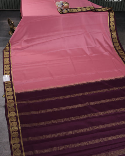 Pure mysore silk saree peach pink and deep purple with plain body and annam zari woven border