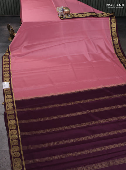 Pure mysore silk saree peach pink and deep purple with plain body and annam zari woven border