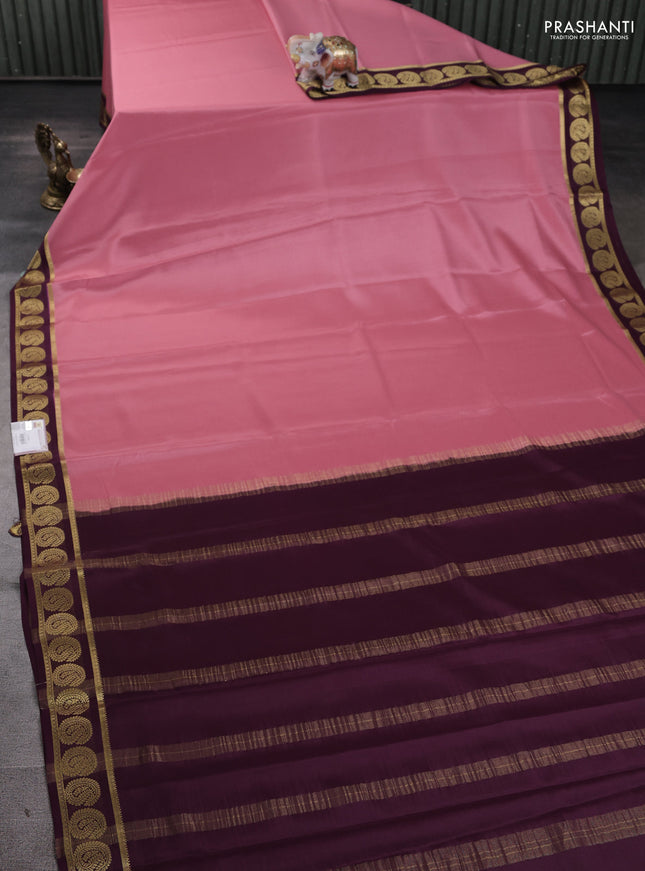 Pure mysore silk saree peach pink and deep purple with plain body and annam zari woven border