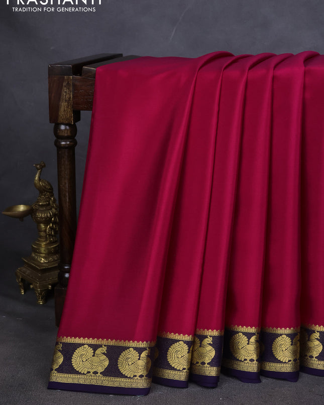 Pure mysore silk saree pink and navy blue with plain body and annam zari woven border