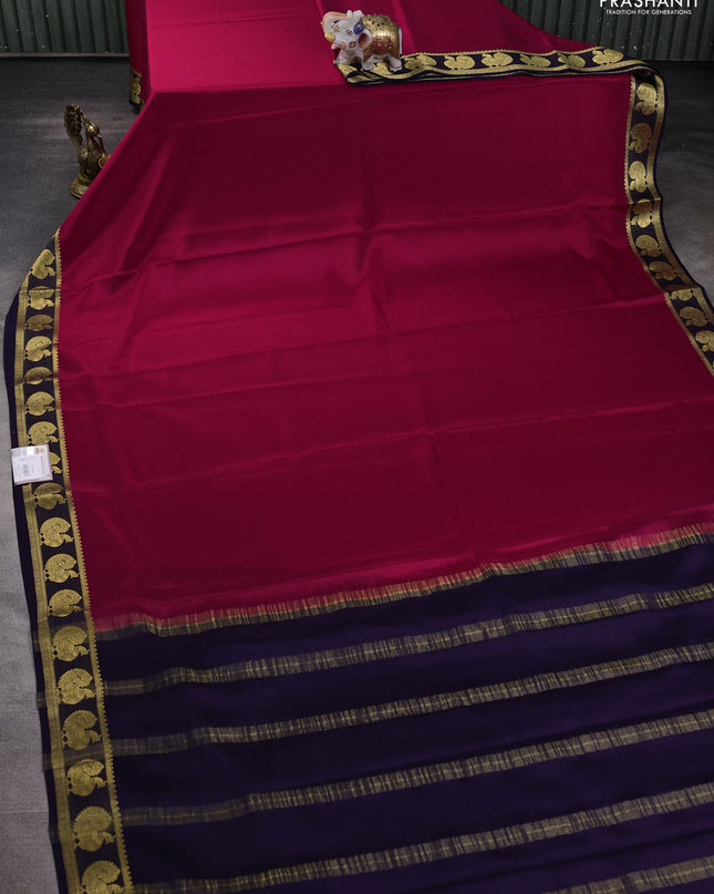 Pure mysore silk saree pink and navy blue with plain body and annam zari woven border