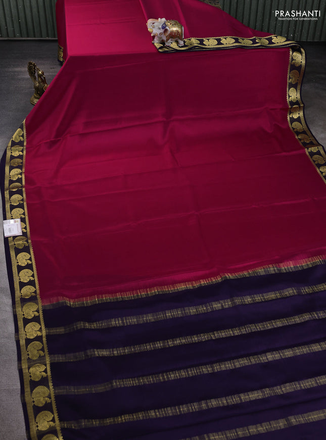 Pure mysore silk saree pink and navy blue with plain body and annam zari woven border