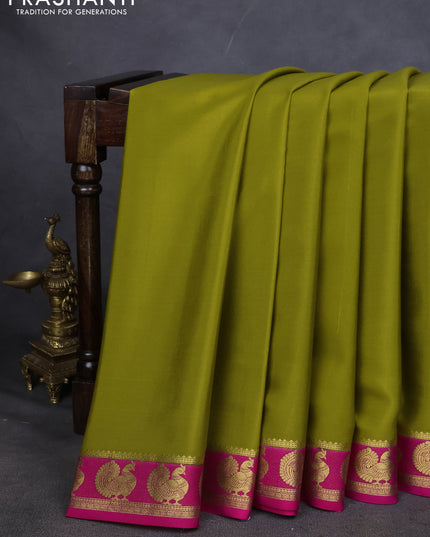Pure mysore silk saree mehendi green and pink with plain body and annam zari woven border