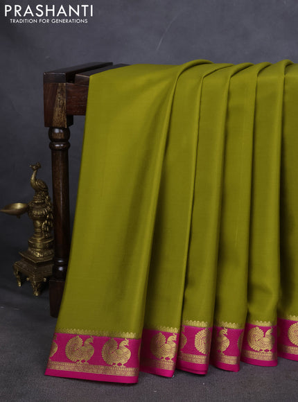 Pure mysore silk saree mehendi green and pink with plain body and annam zari woven border
