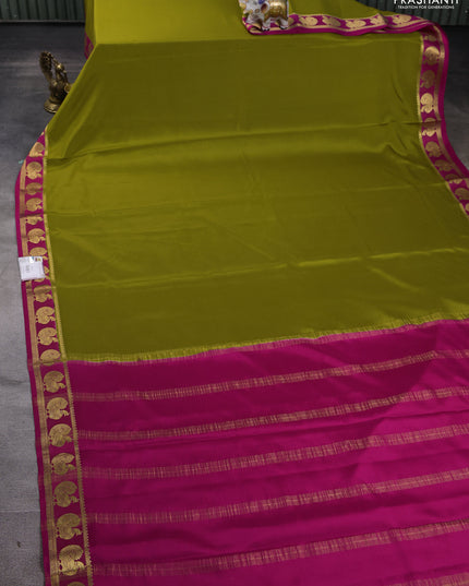 Pure mysore silk saree mehendi green and pink with plain body and annam zari woven border