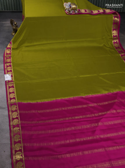 Pure mysore silk saree mehendi green and pink with plain body and annam zari woven border