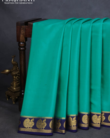 Pure mysore silk saree teal blue and navy blue with plain body and annam zari woven border