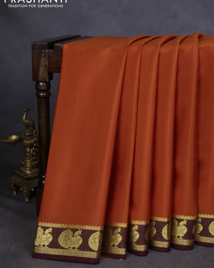 Pure mysore silk saree orange and brown with plain body and annam zari woven border
