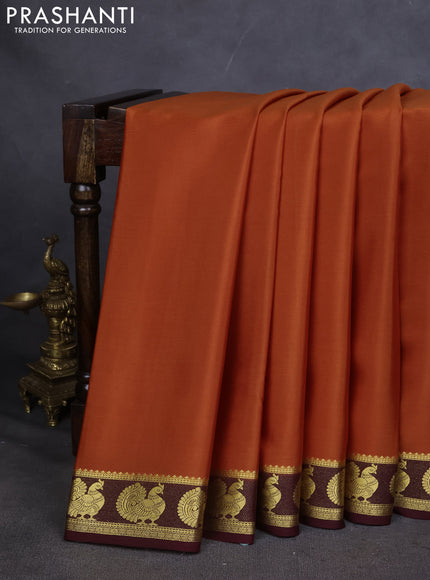Pure mysore silk saree orange and brown with plain body and annam zari woven border