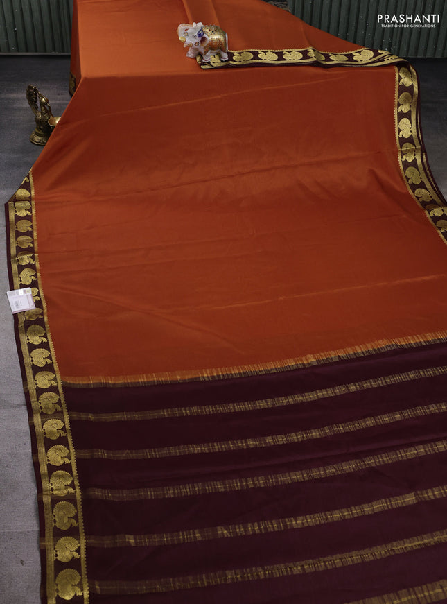 Pure mysore silk saree orange and brown with plain body and annam zari woven border