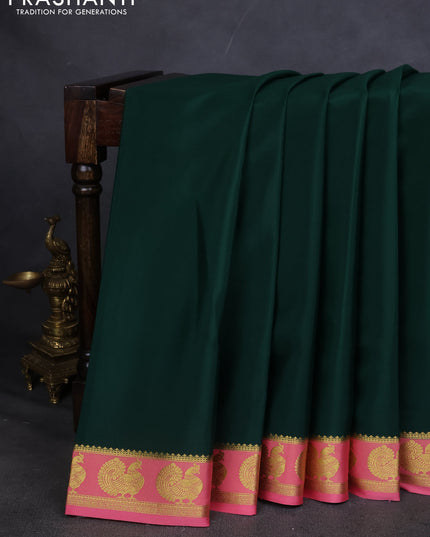 Pure mysore silk saree green and peach pink with plain body and annam zari woven border