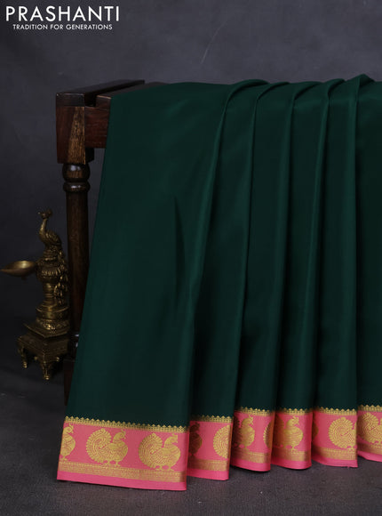 Pure mysore silk saree green and peach pink with plain body and annam zari woven border