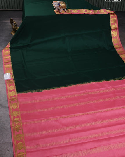 Pure mysore silk saree green and peach pink with plain body and annam zari woven border