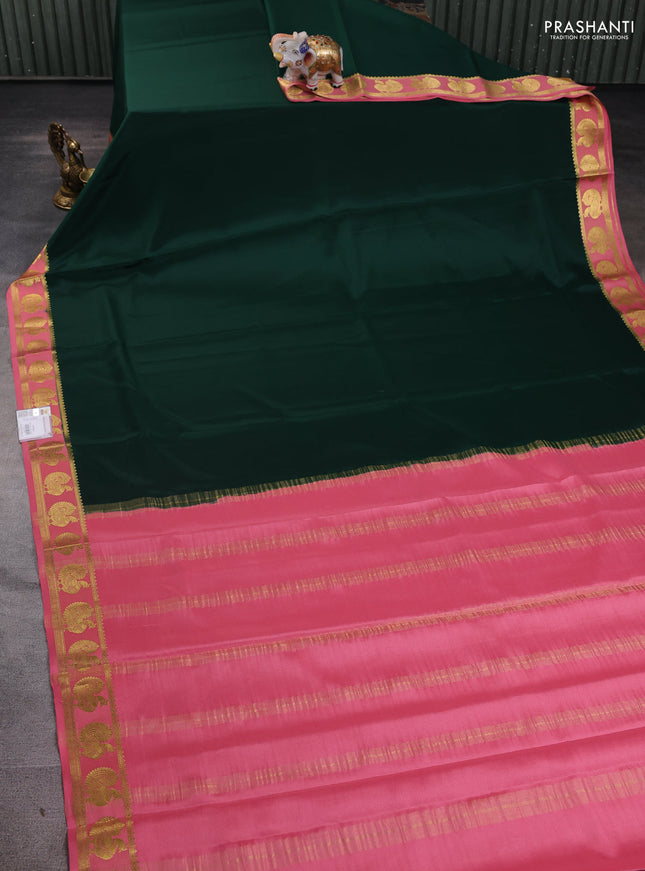 Pure mysore silk saree green and peach pink with plain body and annam zari woven border