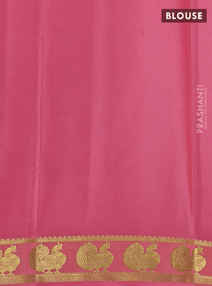 Pure mysore silk saree green and peach pink with plain body and annam zari woven border