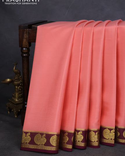 Pure mysore silk saree peach orange and deep wine with plain body and annam zari woven border