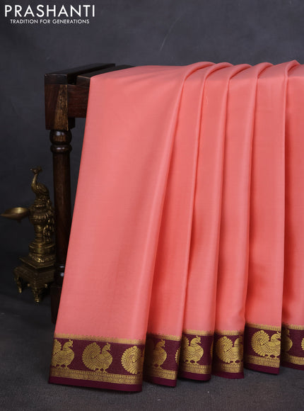 Pure mysore silk saree peach orange and deep wine with plain body and annam zari woven border