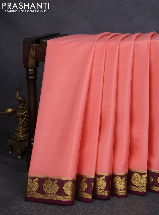 Pure mysore silk saree peach orange and deep wine with plain body and annam zari woven border