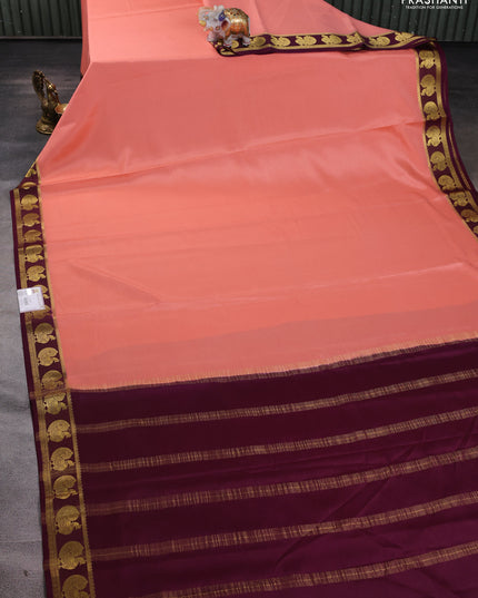 Pure mysore silk saree peach orange and deep wine with plain body and annam zari woven border