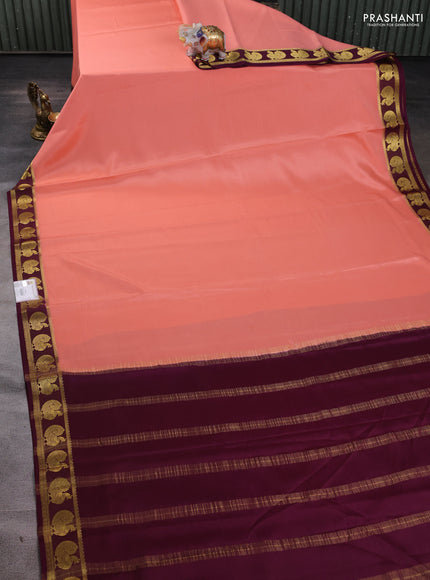 Pure mysore silk saree peach orange and deep wine with plain body and annam zari woven border