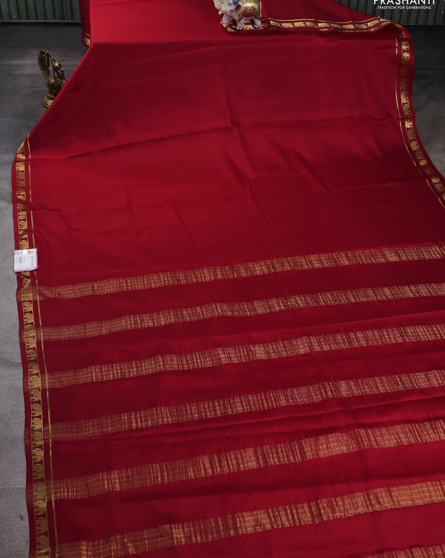 Pure mysore silk saree red with plain body and zari woven border
