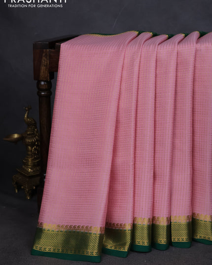 Pure mysore silk saree light pink and green with allover zari checks and zari woven border