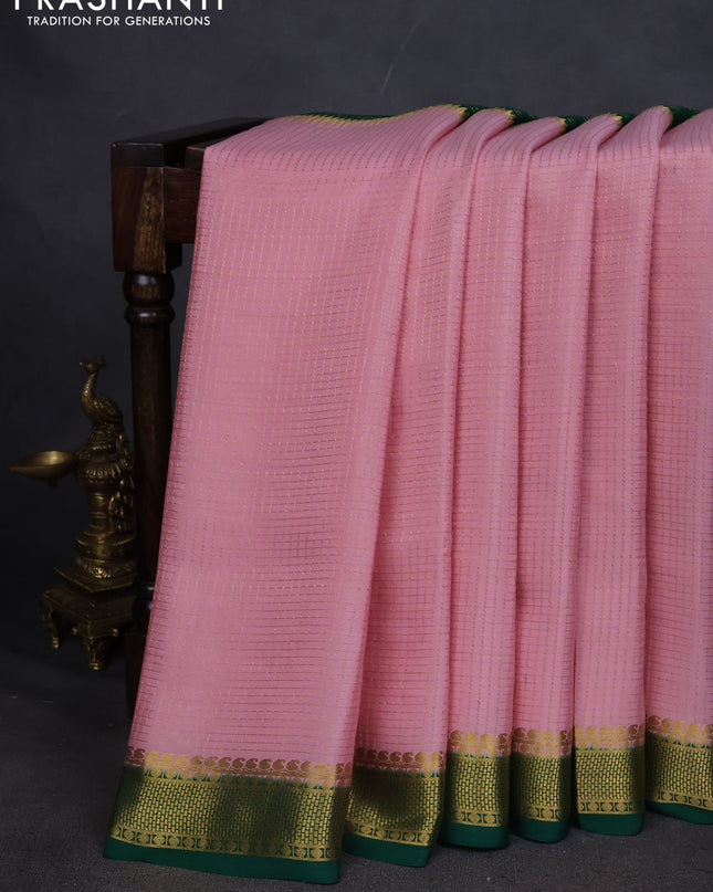Pure mysore silk saree light pink and green with allover zari checks and zari woven border
