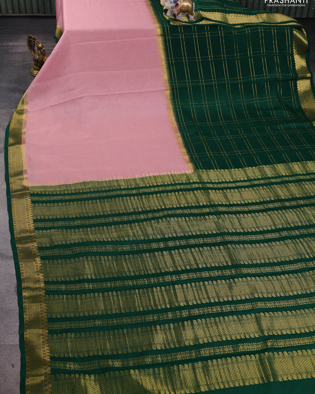 Pure mysore silk saree light pink and green with allover zari checks and zari woven border