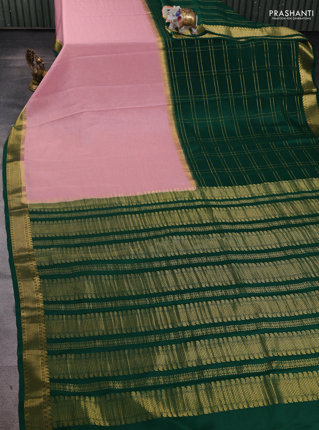 Pure mysore silk saree light pink and green with allover zari checks and zari woven border