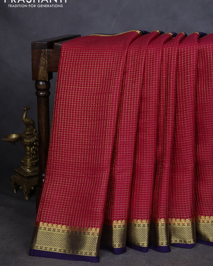 Pure mysore silk saree pink and dark blue with allover zari checks and zari woven border