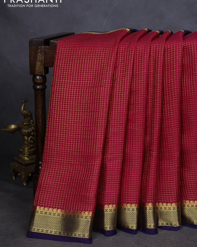 Pure mysore silk saree pink and dark blue with allover zari checks and zari woven border