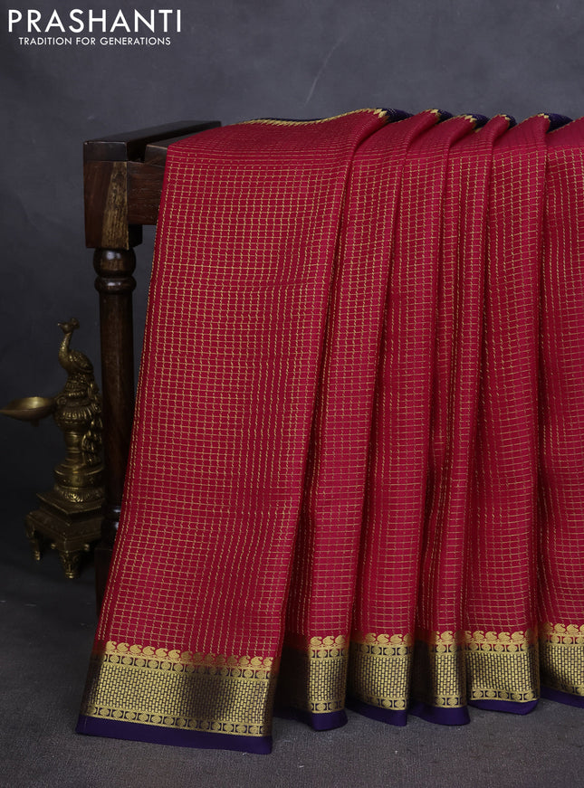 Pure mysore silk saree pink and dark blue with allover zari checks and zari woven border