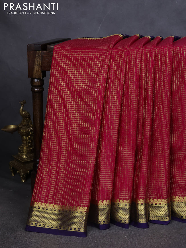 Pure mysore silk saree pink and dark blue with allover zari checks and zari woven border