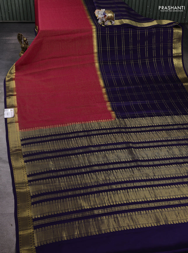 Pure mysore silk saree pink and dark blue with allover zari checks and zari woven border