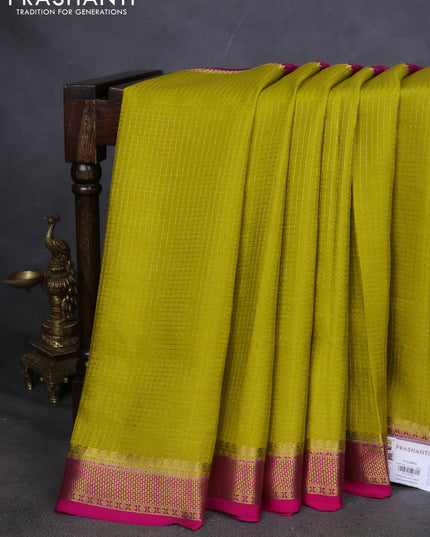 Pure mysore silk saree lime yellow and pink with allover zari checks and zari woven border